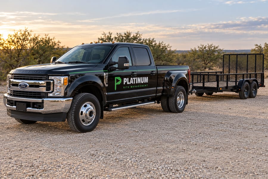 Platinum dually pickup pulling a 16 foot bumper-pull utility trailer