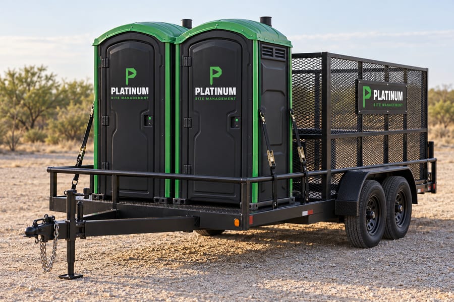 Combo trailer carrying two portable toilets and a trash cage
