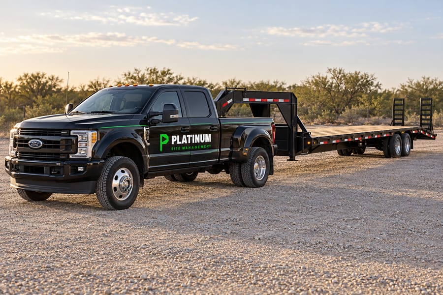 Platinum dually pickup pulling a 40 foot gooseneck flatbed trailer