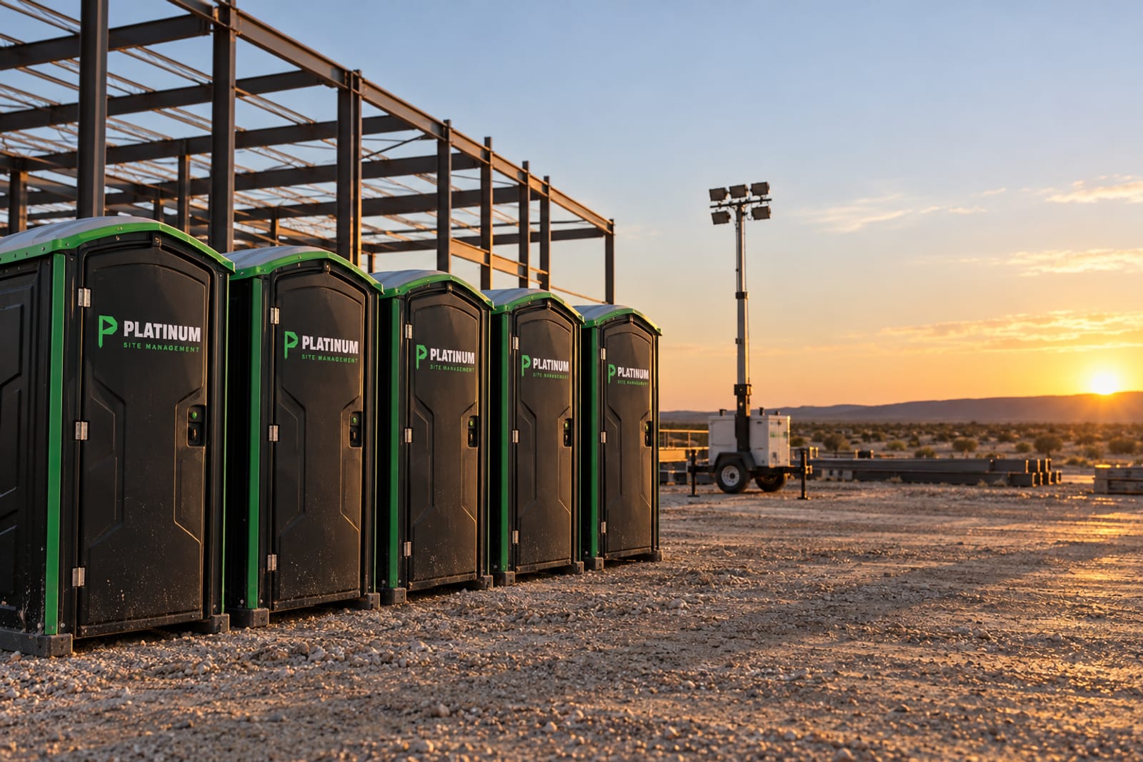 Row of Platinum Site Management portable toilets on a jobsite at sunset